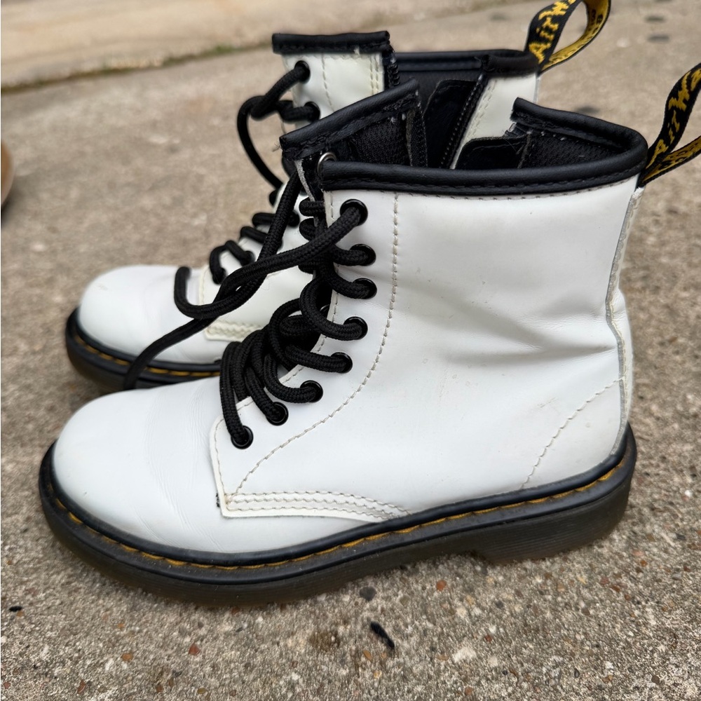 Dr. Martens White Kids Lace-Up Leather Boots with Black Accents